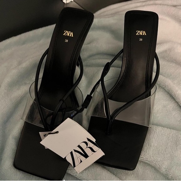 Zara Black Black Square Toe Heels 7.5 - Picture 1 of 4